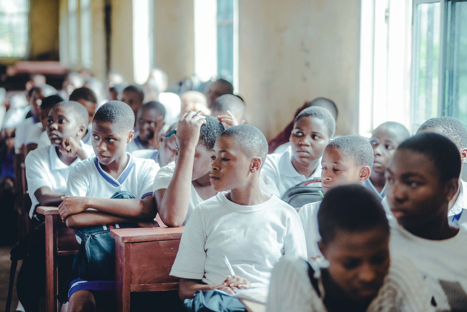Senior secondary learners at their desks in an exam hall