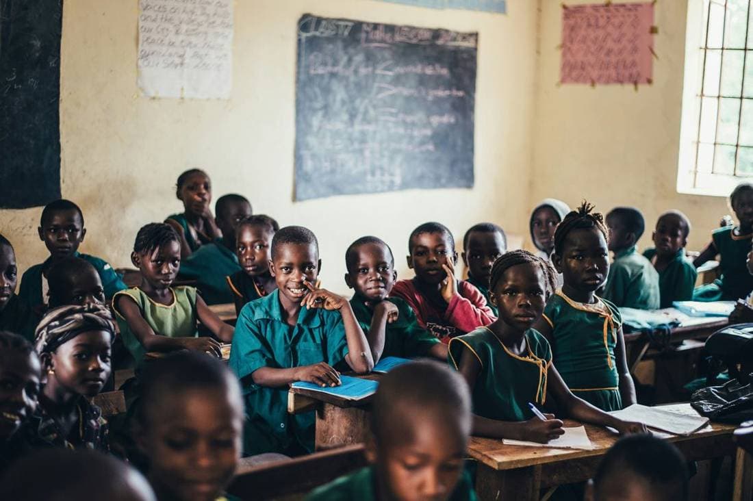Primary learners studying together in a Sierra Leonean classroom